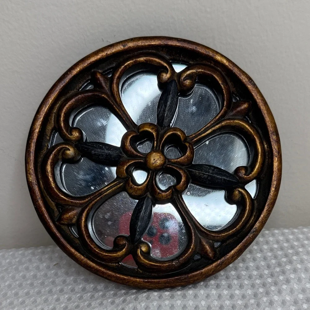 Set of 2 Morrocan Round Wall Mirrors with Ornate Bronze Floral Frame